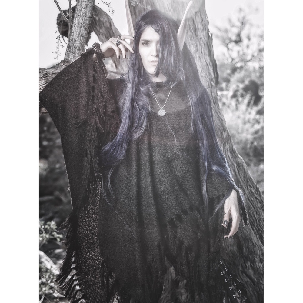 Oversized Hood Cloak Fringe Poncho Black Goth Cosplay Witchy
